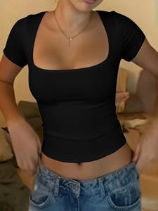 women's solid color cropped tee, casual slim-fitting cap sleeve t-shirt, ladies clothes for daily wear, summer tops