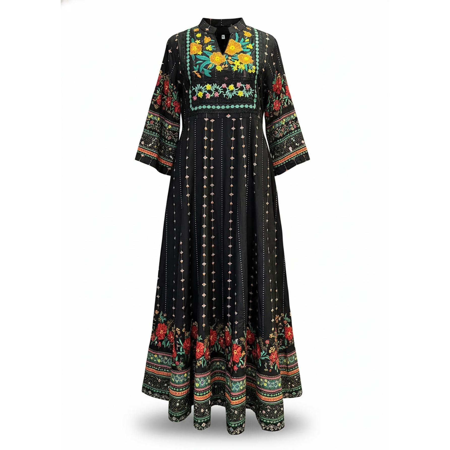 Vintage Boho Floral Embroidered Maxi Dress Elegant Ethnic Chic Gown | Standard & Plus Size S-4XL | Perfect for Evening Dinner, Festivals & Special Occasions