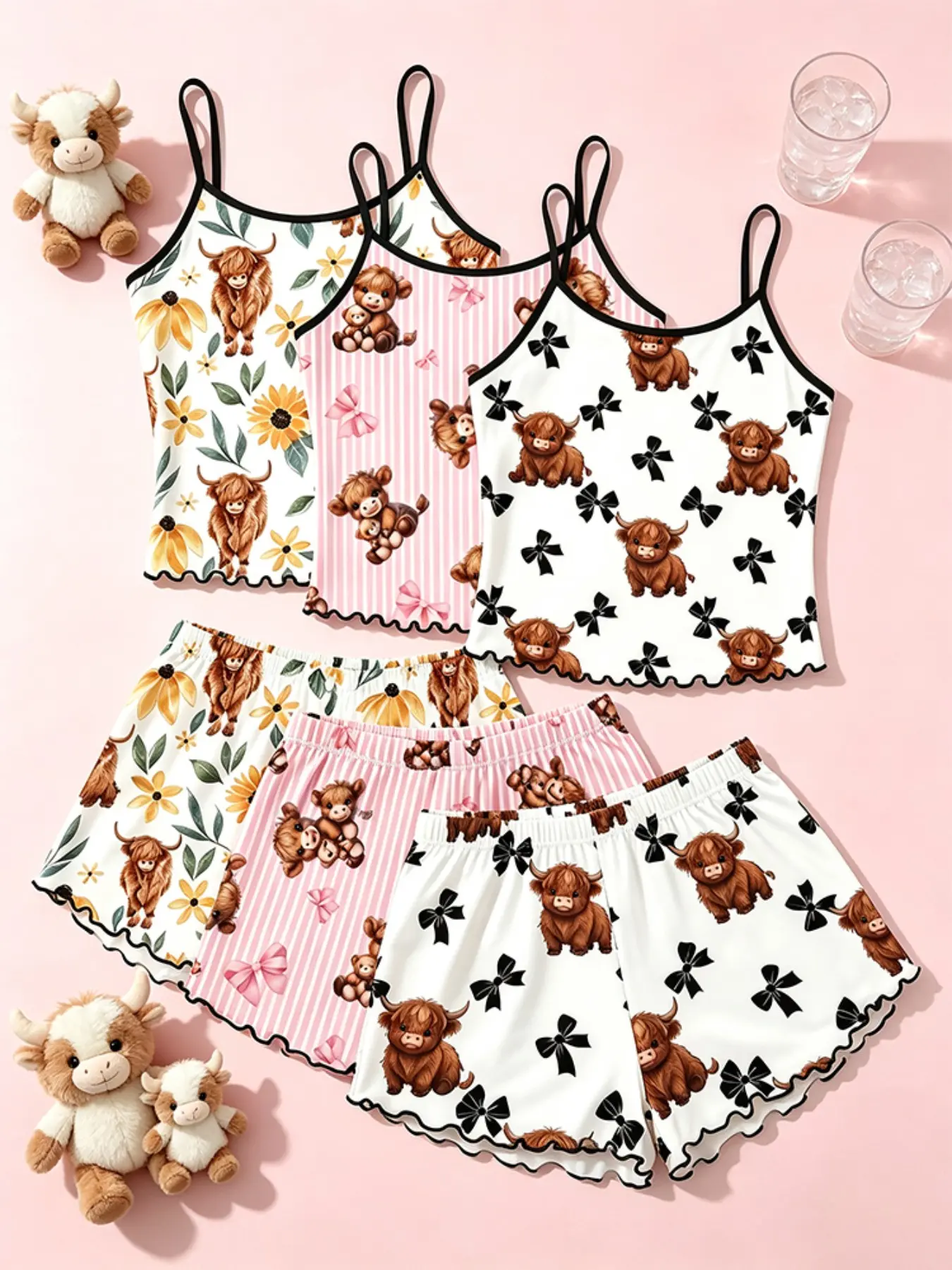 6 Piece Set Western Cottagecore Coquette Aesthetic Women's Sleepwear Highland Cow Sunflower Bow Stripe Print Summer Spaghetti Strap Contrast Trim Ruffle Hem Ultra Soft Milk Silk Pajama Set Sweet Comfy Breathable Nightwear for Daily Wear