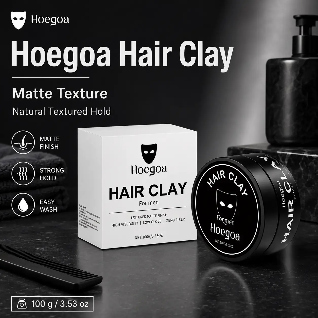 Hoegoa Men’s Hair Clay, Matte Styling Paste for Textured Hair, Strong Hold Low Shine Hair Styling Clay, Natural Finish & Easy Restyling for Men, 100g / 3.53 oz