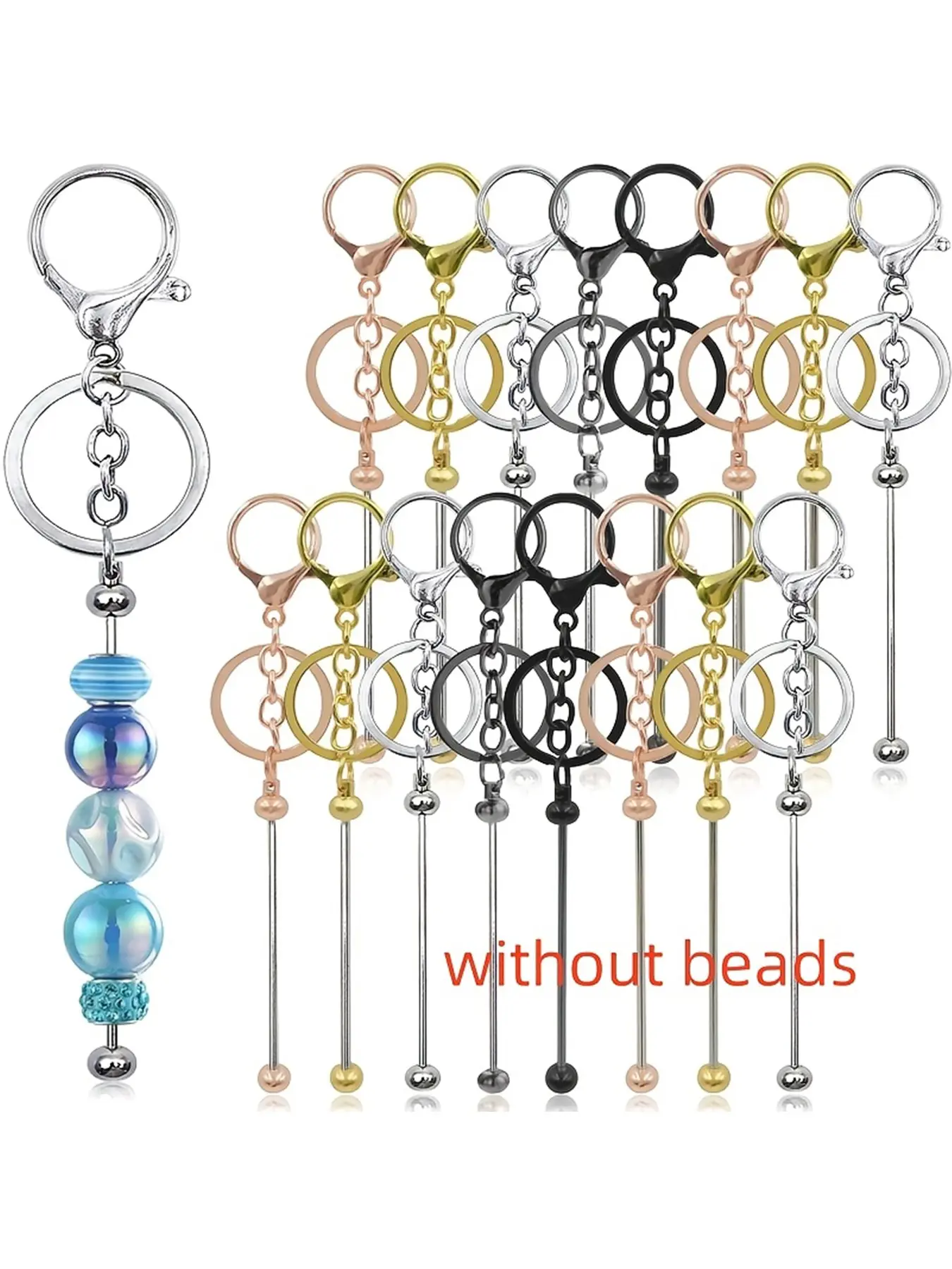 16pcs blank bead men's keychain, keychain bead keychain rod, blank bead DIY keychain accessory set, used for homemade keychain production materials can be mass-produced without beads Key Chain Accessories