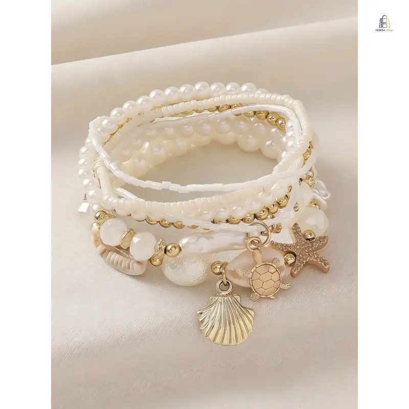 Bracelet Stack Set |   Boho Shell Starfish Faux Pearl Wrist Bands, Handmade Beach Layered Jewelry, Soft Coastal Layered Accessory for Women Vacation Party Daily Casual Outfits