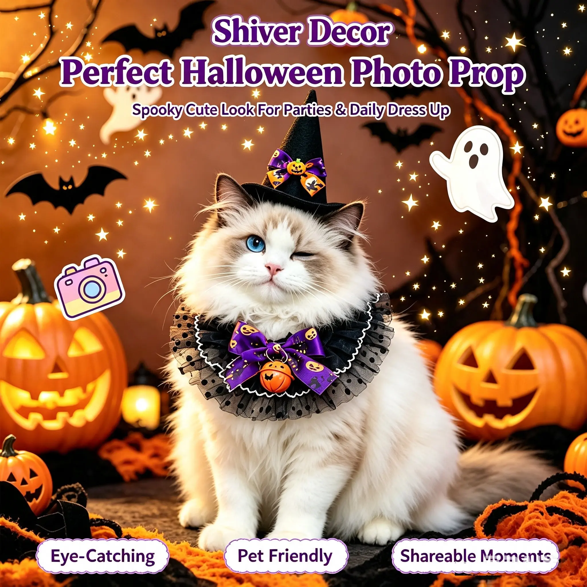 Halloween Pet Witch Hat & Lace Collar Set, Spooky Cute Pumpkin Bell Pet Costume, Adjustable Cat Dog Bandana Scarf, Halloween Dress Up Cosplay Outfit For Kitten Puppy Small Pets