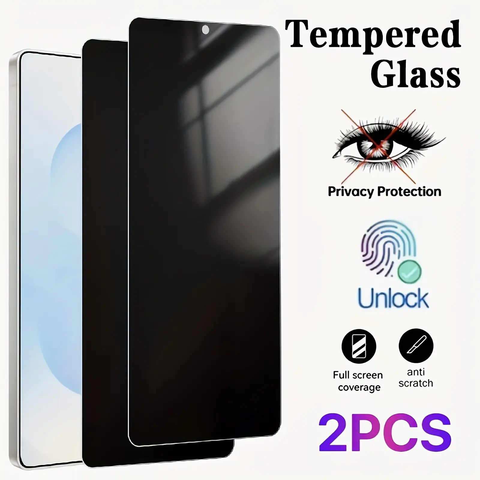 Privacy Tempered Glass Screen Protector, Compatible with Samsung Galaxy S26/s25/24/23/22/21/20 Series, 9h Hardness, Anti-Scratch, Ultra-Sonic Fingerprint Unlock