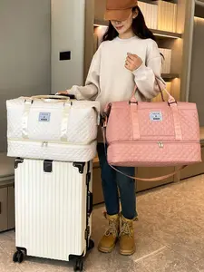 Letter Patched Design Large Capacity Durable Travel Bag, Lightweight Portable Folding Duffel Bag, Multi-function Dry & Wet Separation Bag for Travel, Traveling Bag