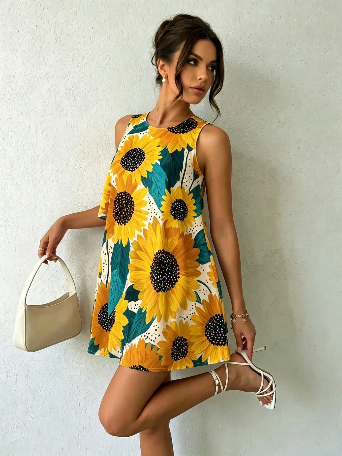 Women’s sleeveless A-line mini dress with sunflower floral print, casual summer vacation style, plain surface design, unlined