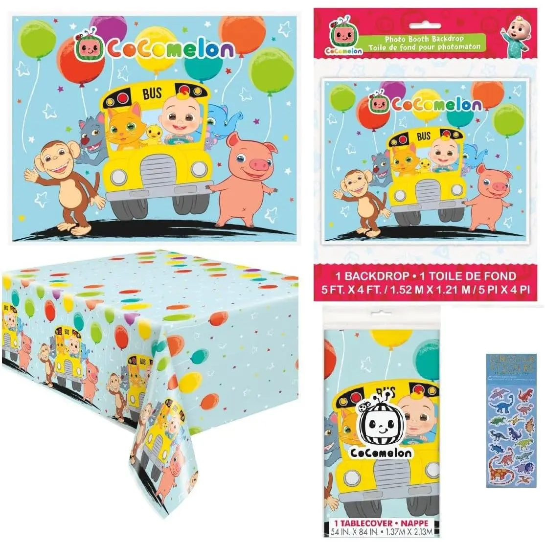 Cocomelon Birthday Party Supplies Bundle includes 1 Plastic Table Cover 54" x 84", 1 Picture Photo Backdrop 60" x 48"