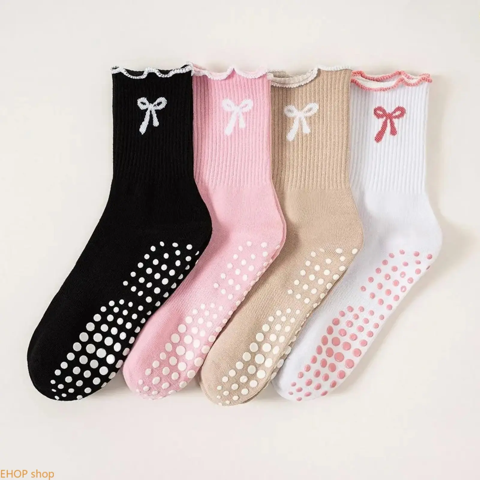 Women's Cute Lace Bow Tube Socks, Polyester Athletic Hosiery with Anti-Slip Grip for Fitness and Running, Fitness Run