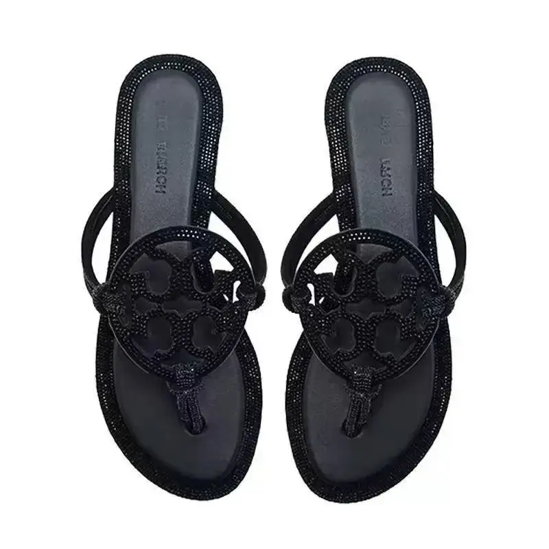 Black Rhinestone Beach Sandals Black Crystal Flip Flops, Womens Rhinestone Beach Sandals, Trendy Summer Footwear for Street & Vacation Women's Rhinestone Flip Flops, Sparkling Crystal Thong Sandals, Soft Cushioned Footbed, Non Slip Flat Sli