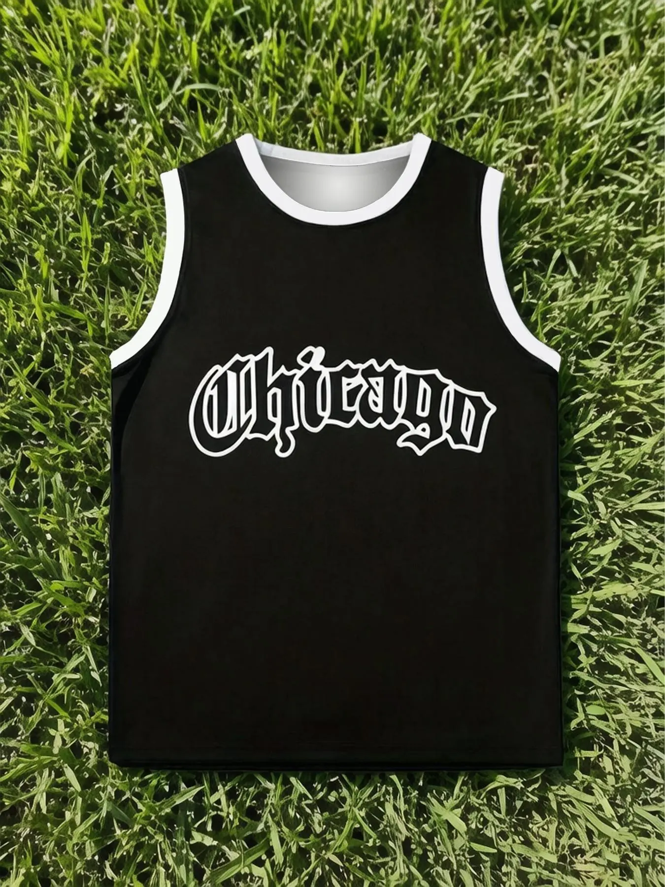 Men's Sports Basketball Vest with Black Background, White Patterned Edge, and Chicago Gothic Letters, Sleeveless Vest
