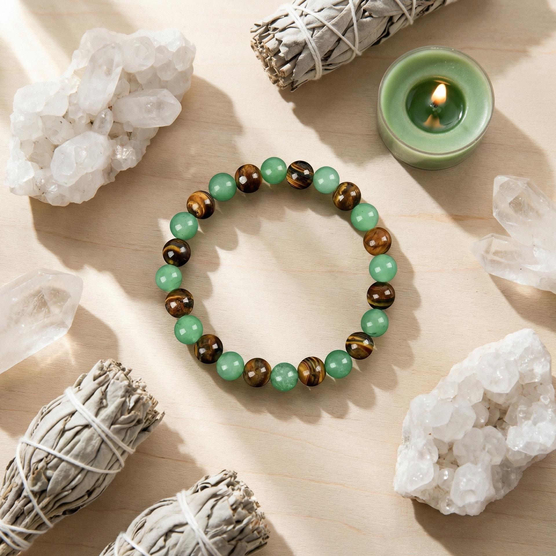 Cross-border bestseller green aventurine tiger eye natural stone bracelet, wealth and energy jewelry, handmade beaded bracelet