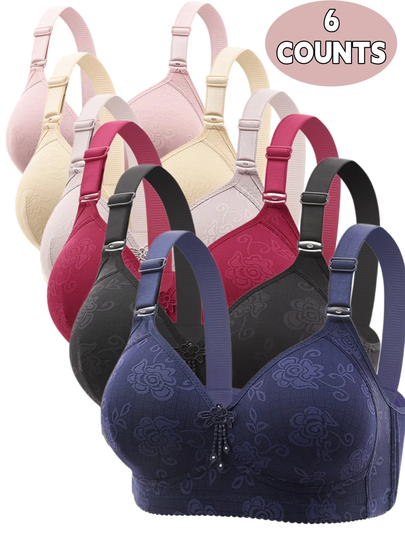 6-Pack Wireless Push-Up Bras, Adjustable, Seamless Comfort Fit, Breathable Soft Fabric, All-Season Wear, Full Coverage, Plain Design