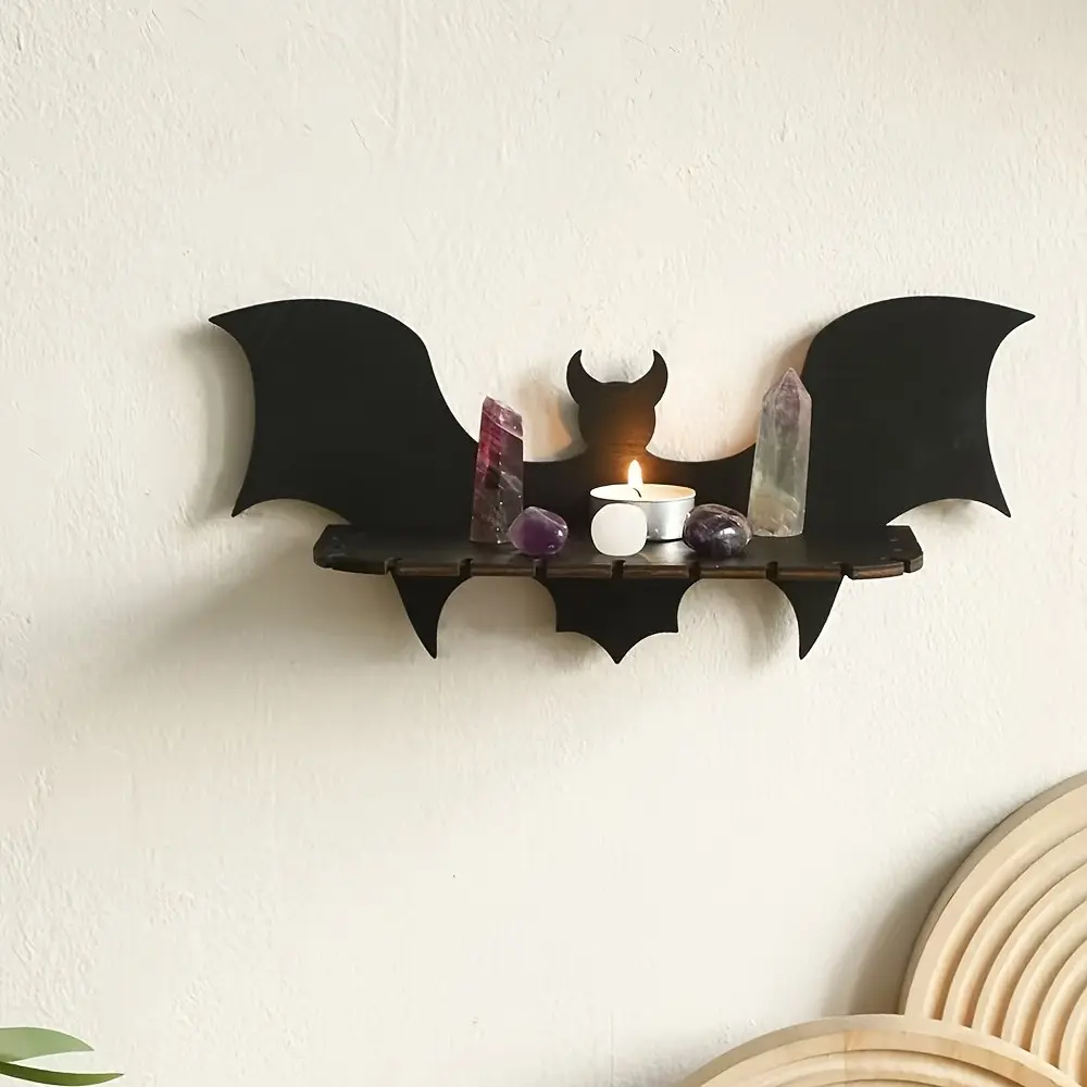 Bat Shaped Black Wooden Floating Wall Shelf Gothic Hollow Cutout Wood Display Rack Halloween Decor Storage Stand For Crystal Candle Small Ornaments Spooky Bedroom Wall Hanging Decor Gift