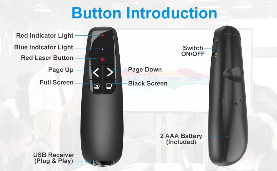 Wireless Presentation Clicker PowerPoint Presenter Remote : USB Type C Clicker with Red Laser Pointer Long Range PPT Control -Power Point Google Slide Advancer for Mac Laptop PC Computer Keynote