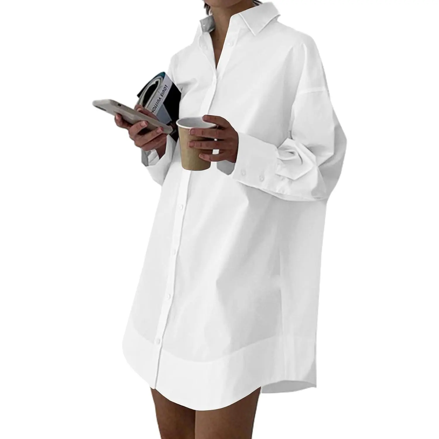 Women's Casual Shirt Dress Collar V Neck Button Down Loose Long Sleeve Mini Dresses