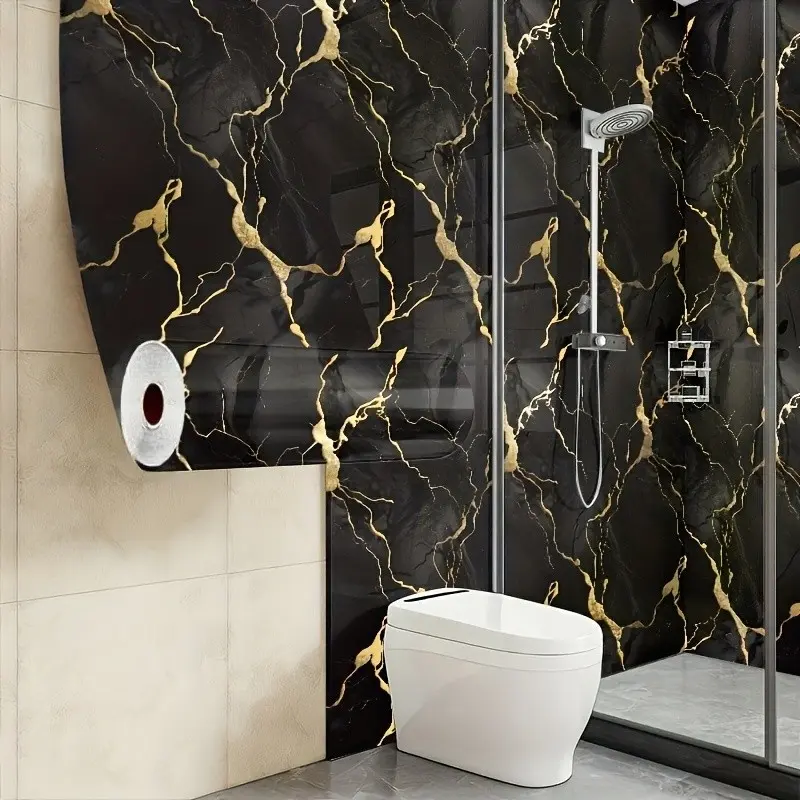 Self-Adhesive Marble Wallpaper, 3D Wall Panels, Waterproof Gold Texture, Removable Without Residue, Ideal for Kitchen & Bathroom Renovation, Kitchen Wallpaper Peel and Stick
