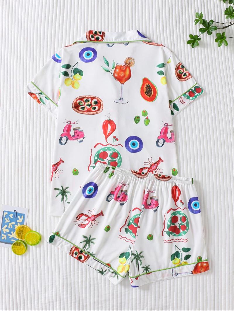 Women's Fruit Print Shirt & Elastic Waist Shorts Pyjama Two-piece Set, Casual Comfy Short Sleeve Top & Shorts PJ Set, Matching PJ Set, Ladies Sleepwear for All Seasons