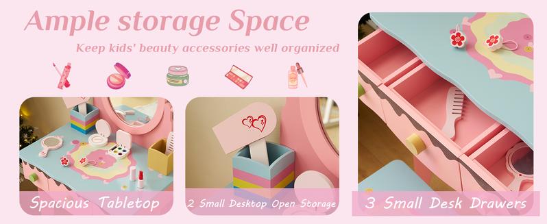 Karlhome Kids Vanity Table and Chair Set, Princess Toddler Dressing Table with 7pcs Multiple Make up Accessories 3 Drawers & Tabletop Storage, Wooden Pretend Play Vanity Set for Little Girls