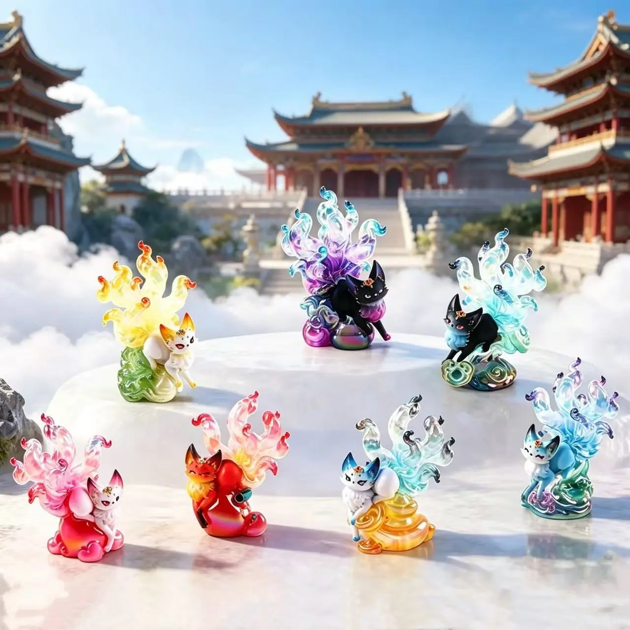 Cute Colorful Nine-Tailed Fox Toy Figure, Desktop Decoration Handmade Model, Unique Gift Idea for Collectors & Enthusiasts