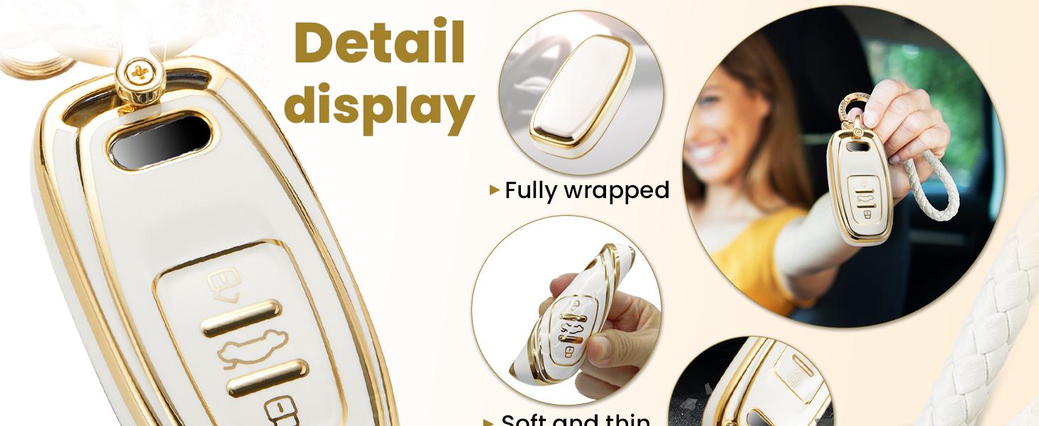 for Audi Key Fob Cover with Luxury Diamond Bling Braided Rope Keychain, Upgraded Soft Key Case for A3-A8 Q5 Q8 R8 RS4-RS7 S4-S8 SQ5 Key Fob Shell (Gold Edge Bling,B)