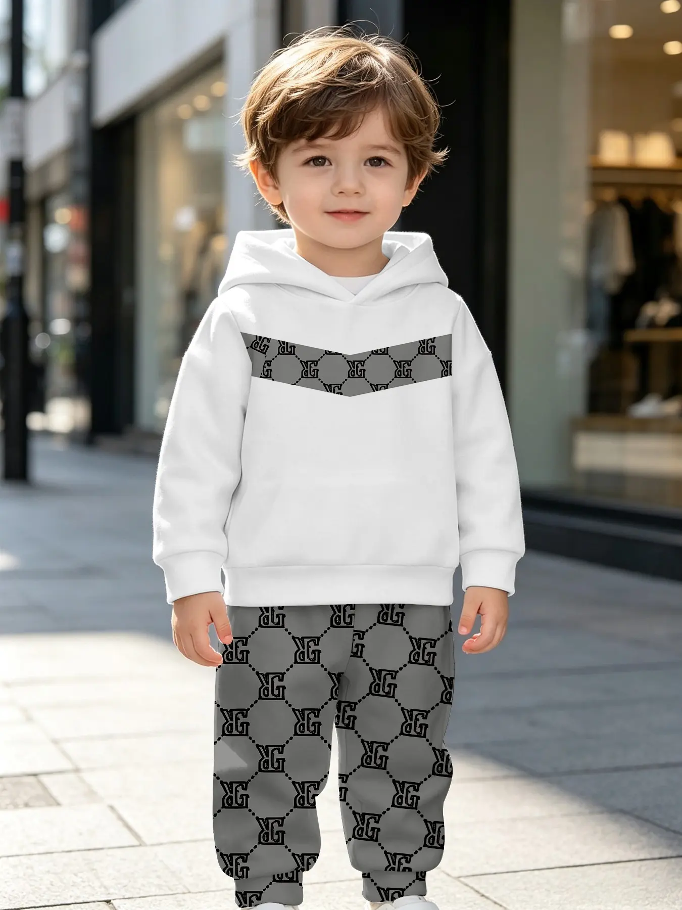 Boys' Body V-Neck Bottom Rg Diamond Floral Patchwork Hoodie Pants Set, Outdoor Wear, Perfect Birthday Gift, Ages 1-14