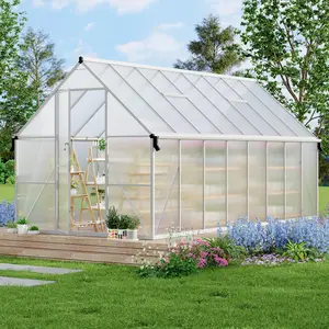8X16FT Greenhouse with Aluminum Frame, Polycarbonate Greenhouse, Greenhouses with Rain Gutter and Ventilation, Aluminum Large Walk-in Greenhouses for Outdoors, Outside, Silver/Green(2 Boxes)