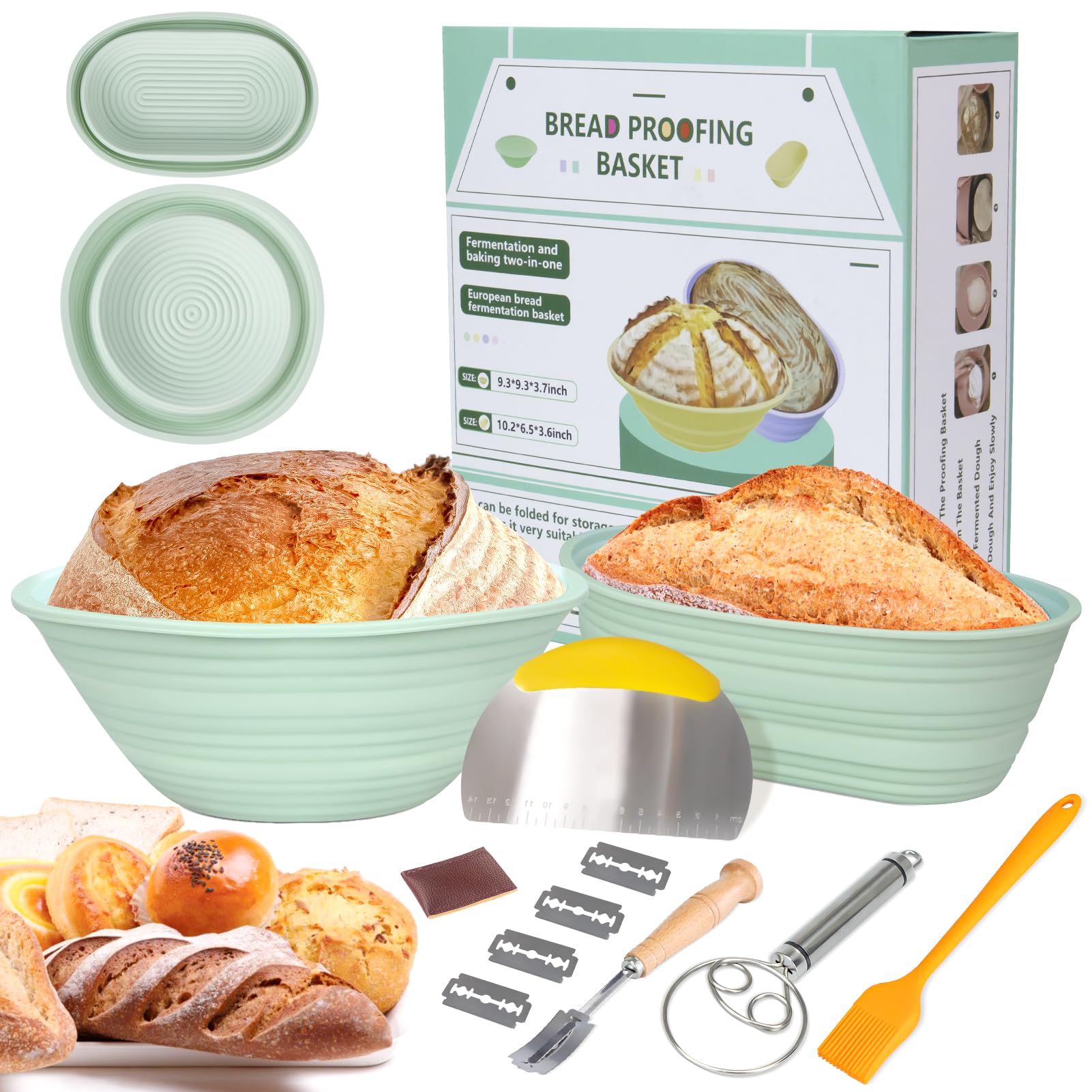 Silicone Bread Basket Set, 1 Set Including Round Bread Basket, Oval Bread Basket & Baking Tools, Complete Set for Bread Making with Tools, Sourdough Proofing Basket, Baking Accessories