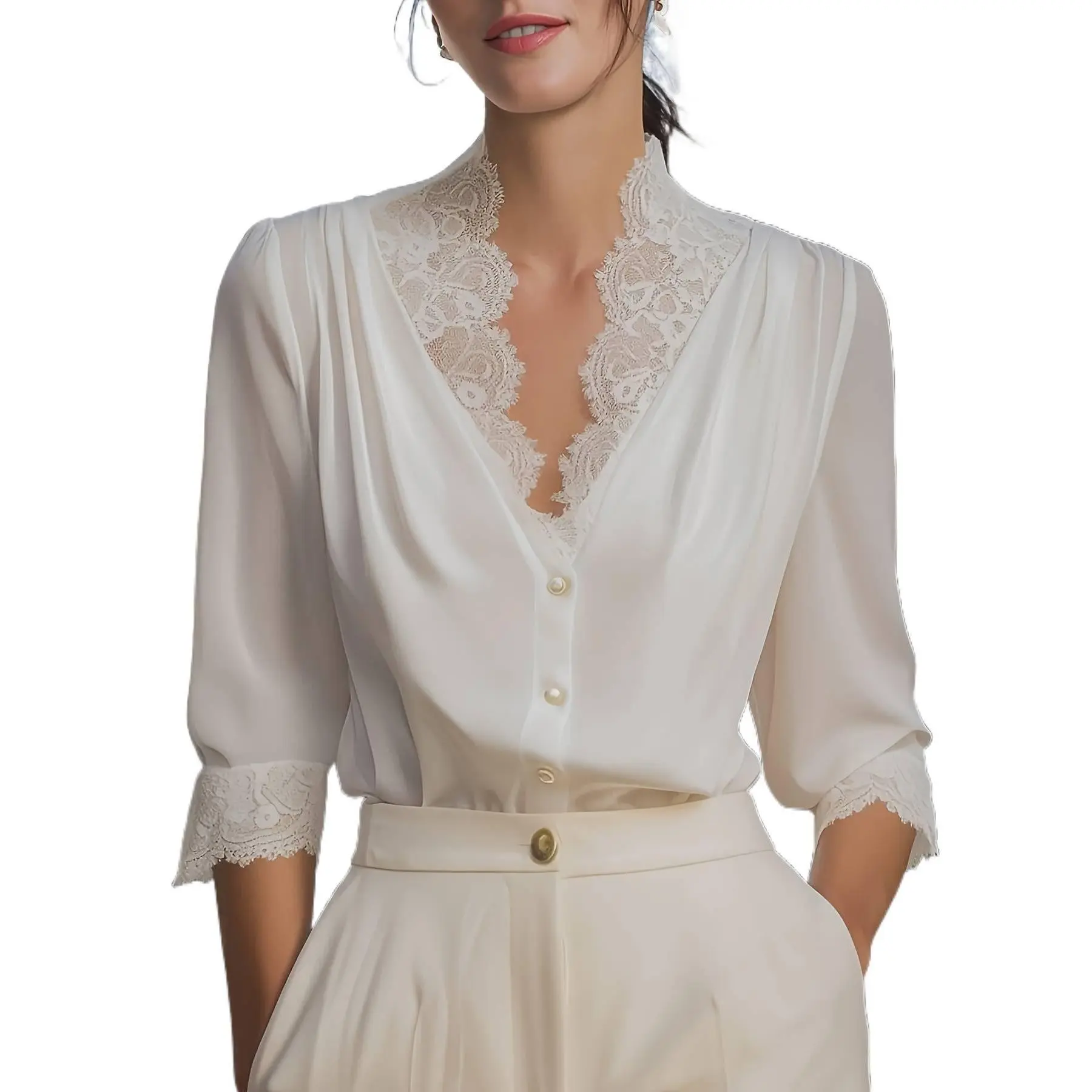 French Elegant Slim White Chiffon Blouse with Lace Splicing, V-Neck, 3/4 Sleeve, Fashion Spring Top, Suitable for Casual, Office, and Commuting, Ladies' Outfit.
