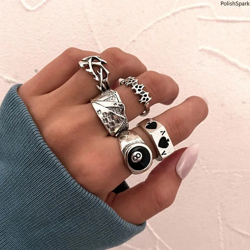 5-Piece Gothic Punk Stackable Ring Set, Vintage Silver 8 Ball & Ace of Spades Playing Card Adjustable Open Rings, Y2K Emo Unisex Jewelry for Daily & Party Wear