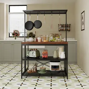 Farmhouse 3-Tier Bakers Rack, Multi-Function Kitchen Island Storage Stand with Power Outlet & Hooks, Heavy Duty Steel Frame, Space-Saving Coffee Bar & Microwave Station for Small Kitchens