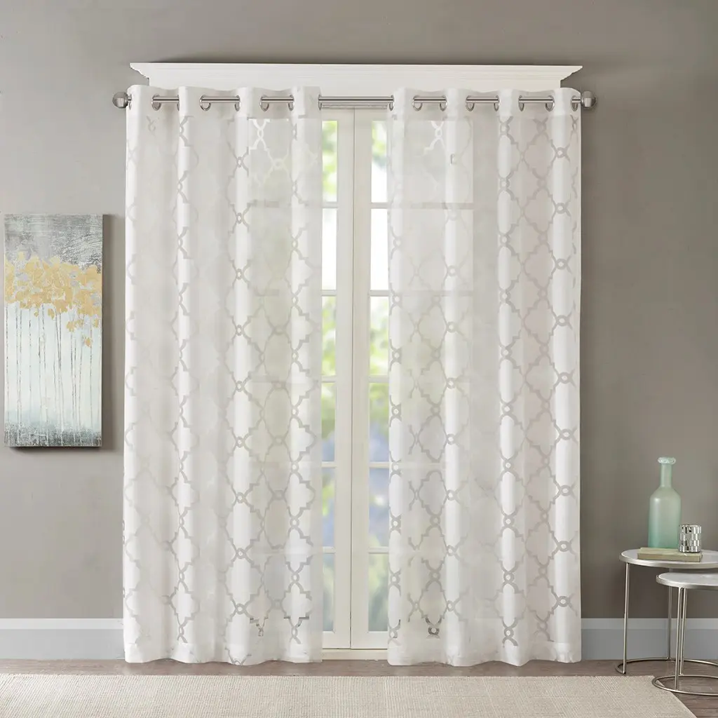 Nokaa Fretwork Burnout Sheer Curtain Panel - Single Piece, Light Filtering Window Treatment for Living Room, Bedroom, Bathroom, White Polyester, 50"W, Grommet Top, Machine Washable