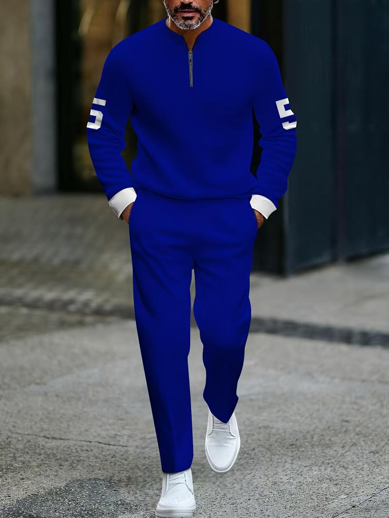 Business casual fashion men's digital printed sportswear set, featuring a street-style patterned digital half-zip sweater + pants, a two-piece men's outfit