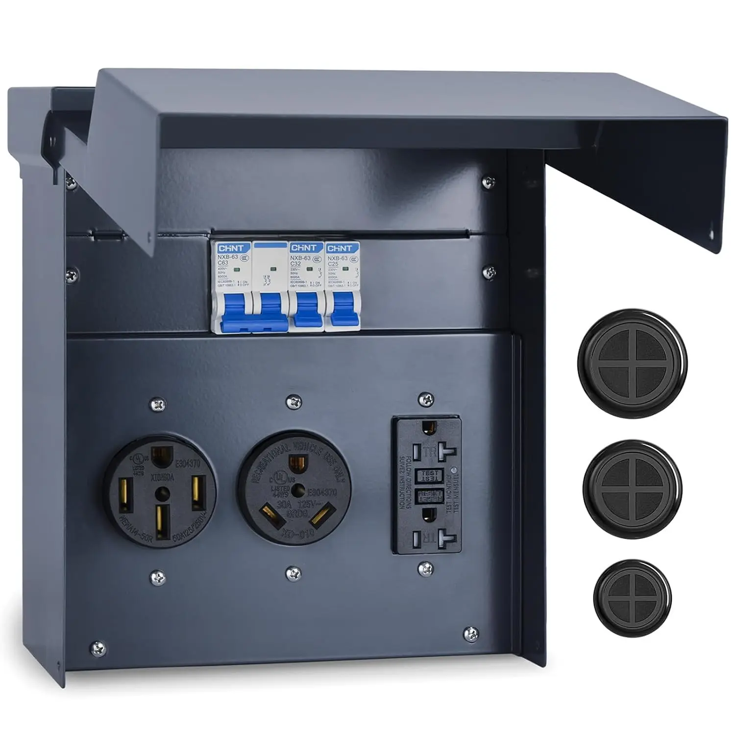 RV Electrical Panel with Breaker, Temporary Power RV Outlet Box, UL 50 30 20Amp Receptacles, Outdoor Weatherproof Metal Enclosure, Easy Setup for Campers, Travel , Mobile Homes (Blue)