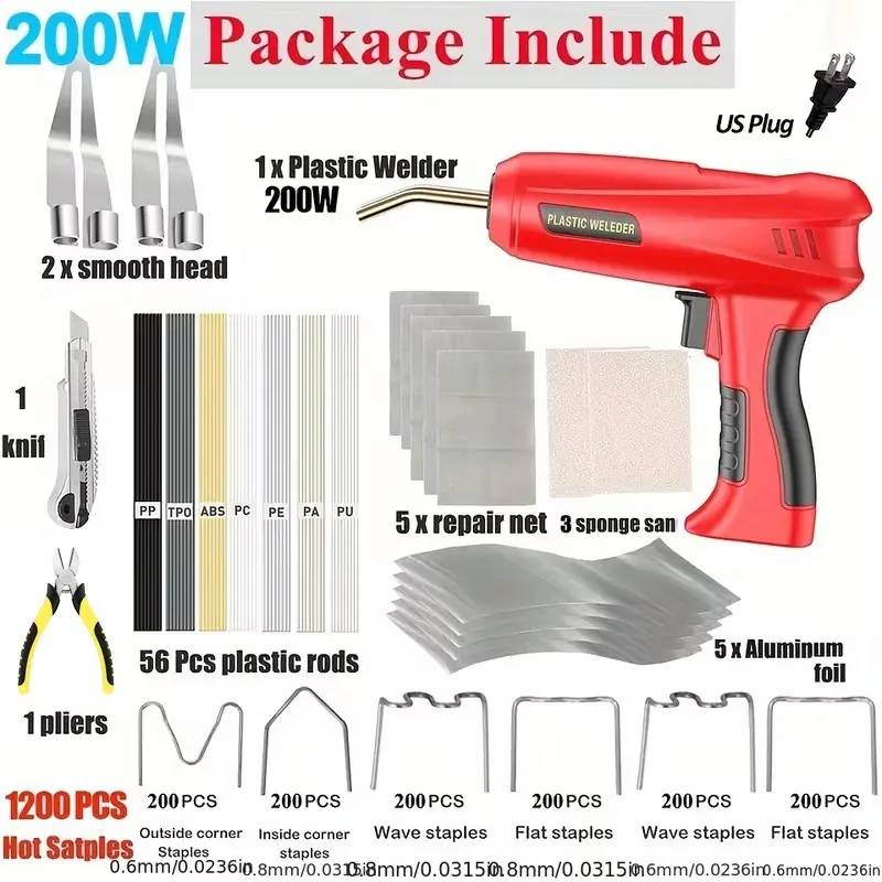 200w High-Power Hot Melt Glue Gun, Dual-Use Plastic Welding Kit with 1200 Pins, Car Bumper Repair Set, No Battery Included, Us Plug