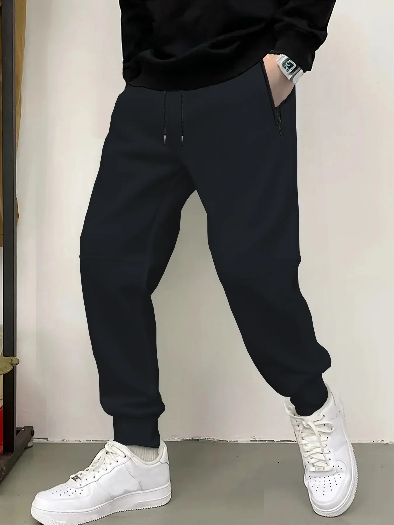 Men's Casual Slim-Fit Pants, Elastic Waist with Drawstring, Zip Pockets, Solid Color Knitted Joggers, All Season Workout Wear