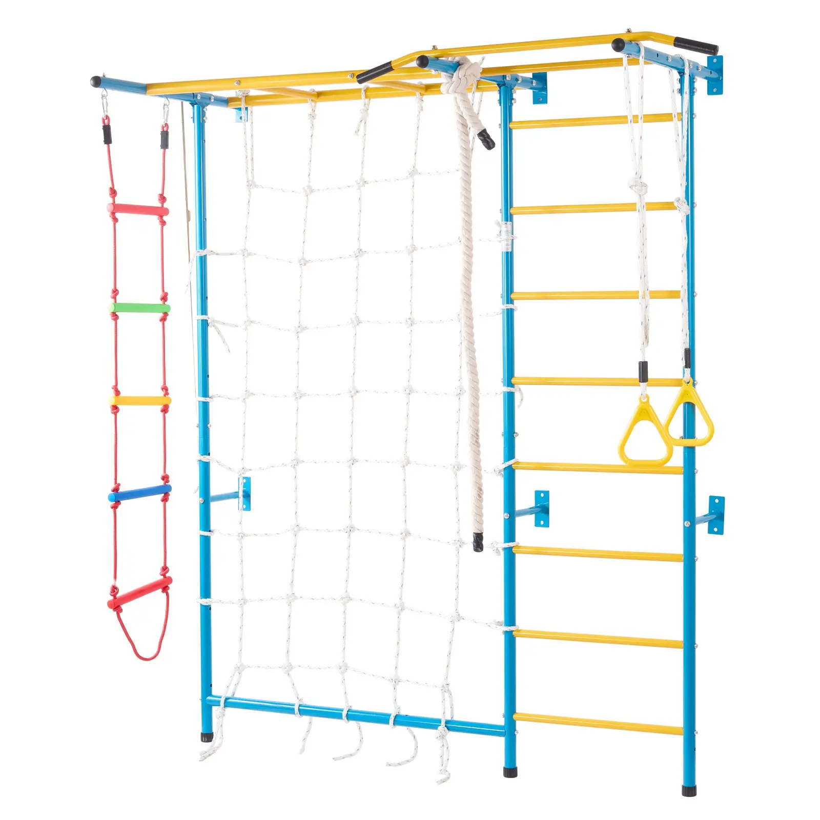 【DealsForYouDays】VEVOR Indoor Jungle Gym for Toddlers, 7-in-1 Climbing Playset with Carbon Steel Swedish Ladder, Wall Ladder, Pull-Up Bar, Rope Ladder, and Gymnastic Rings, Supports 220 lbs, Multicolor