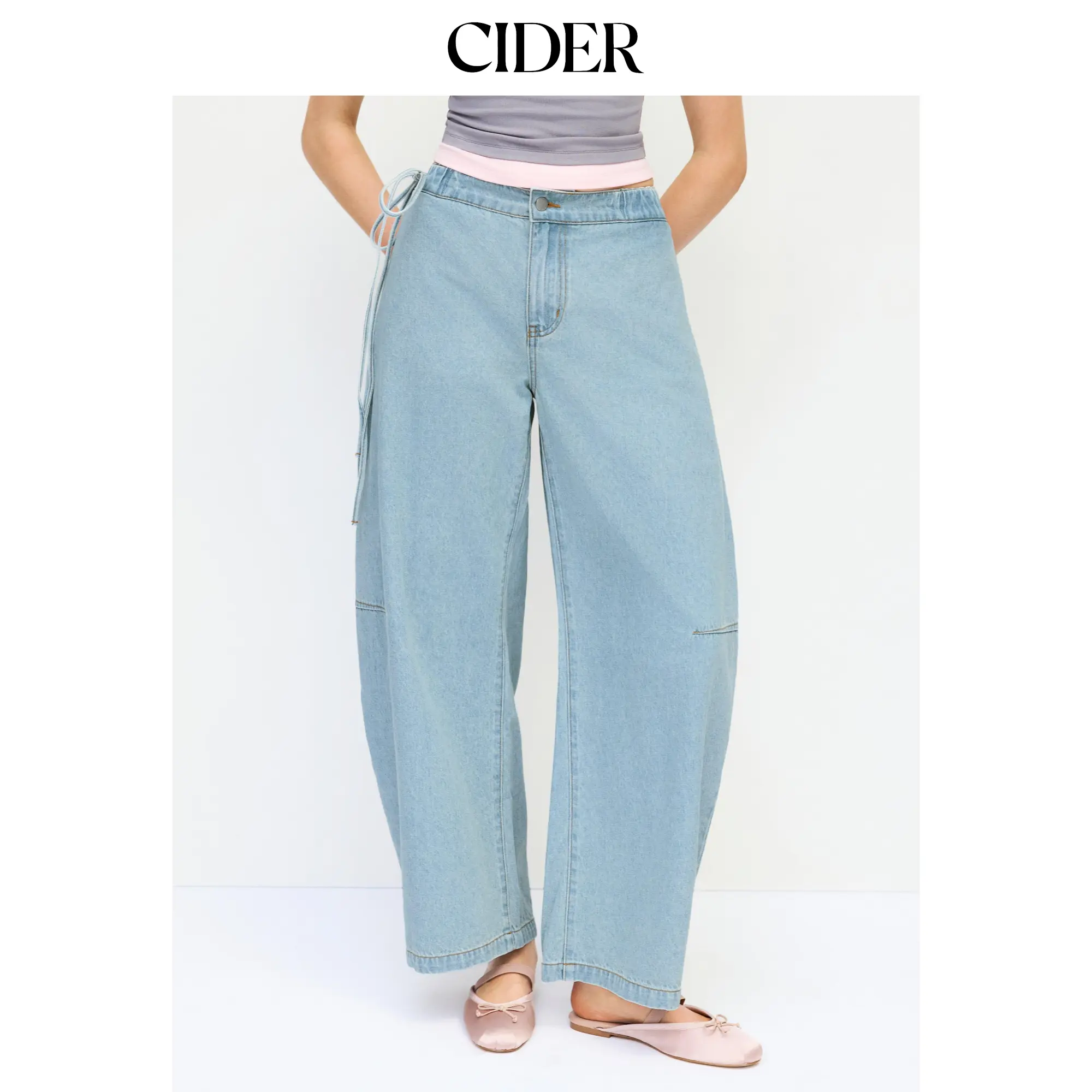 Cider Denim Mid Rise Barrel-Leg Side Strap Jeans