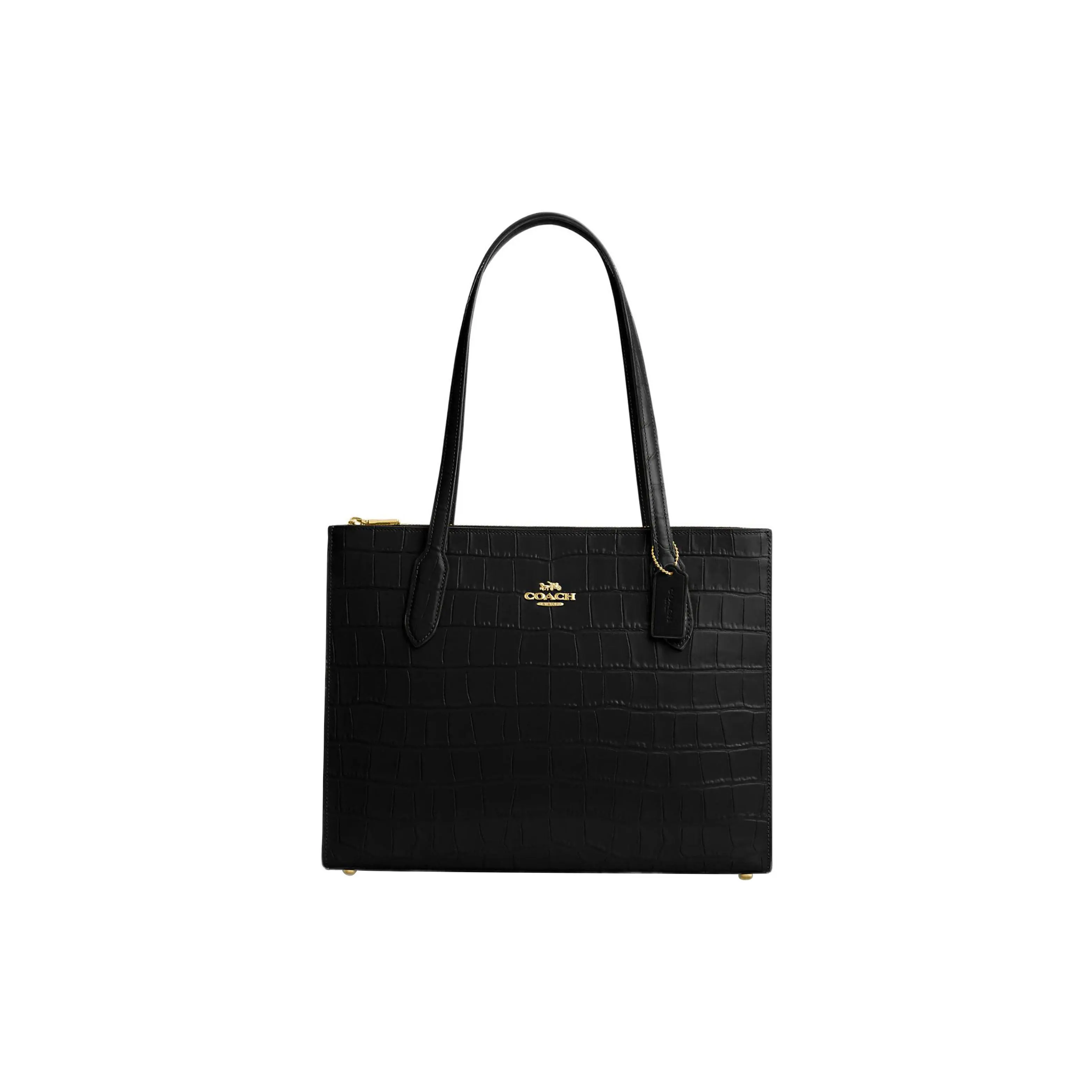 COACH 36 Gold Logo Magnetic Snap Crocodile-Embossed Leather Tote Bag for Women, Large Black