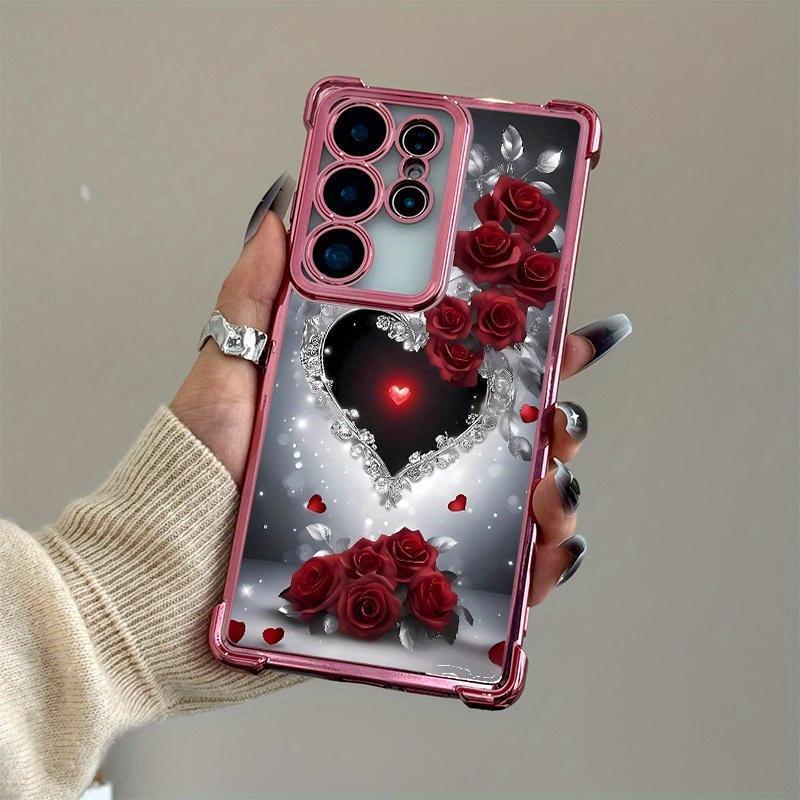 Heart Rose Pattern Phone Case for iPhone 17 Pro Max 16 15 Plus 14 13 12 11 Pro, Four Corners Airbags Shockproof Transparent Soft Back Casing