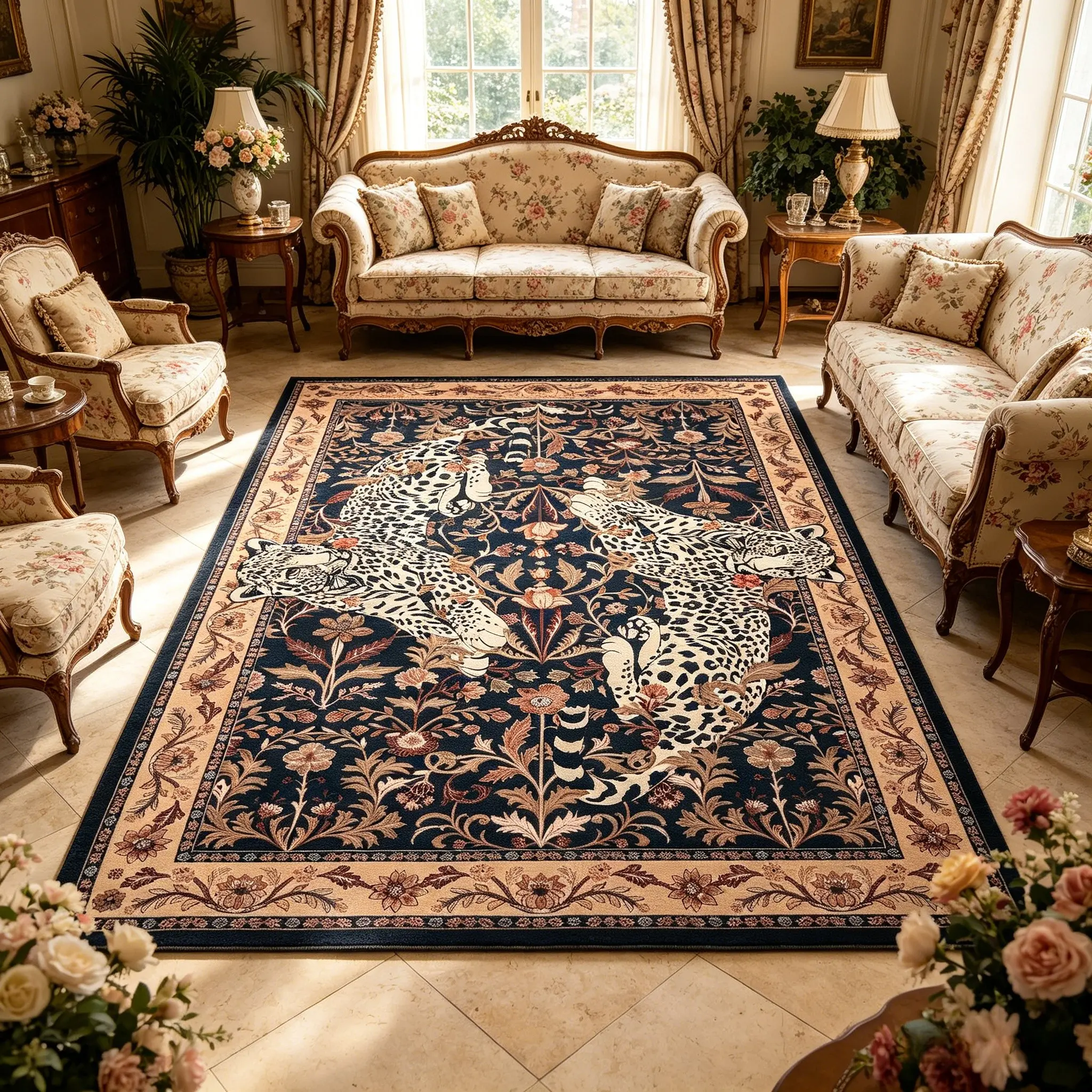 Navy Blue Vintage Persian Leopard Print Rug, Large Area Living Room Bedroom Carpet, Foldable, Non-Slip, Luxury Home Decor Rugs