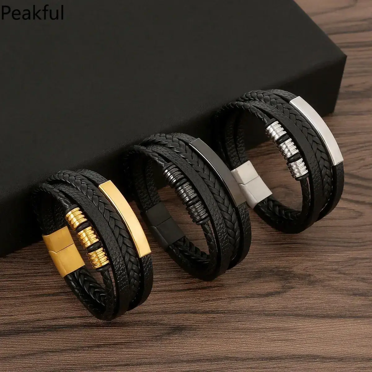 3-Pack Braided Leather Bracelet & Bag Charm Set, Unisex Stackable Wristbands with Classic Multi-Layered Look, Metal Coated Arm Candy Accessories for Daily Outfits, Great Gift for Friends