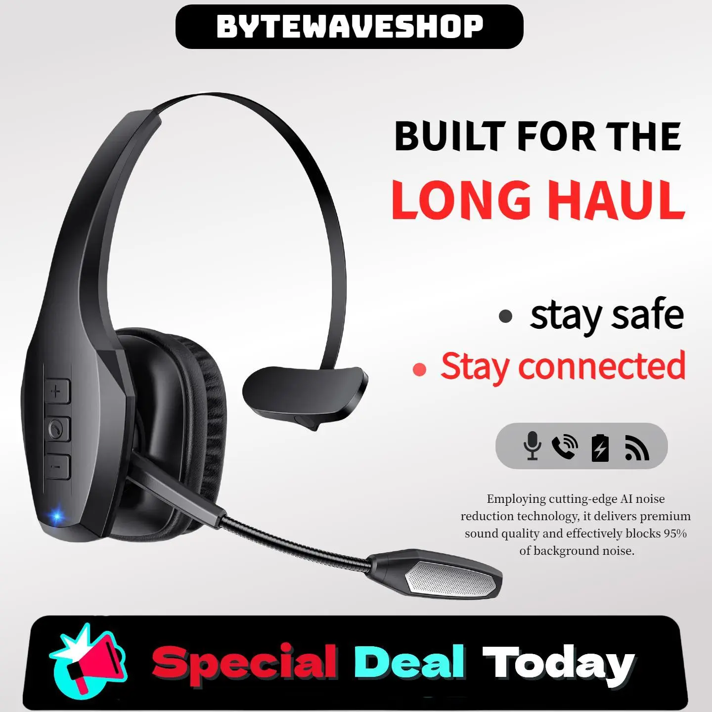 Bytewaveshop Trucker Bluetooth Headset, Wireless with Mic, Bluetooth Headset Microphone & Mute Button, 55-Hour Battery Life PC Headset for Cell Phones, Computers, and Truck Drivers