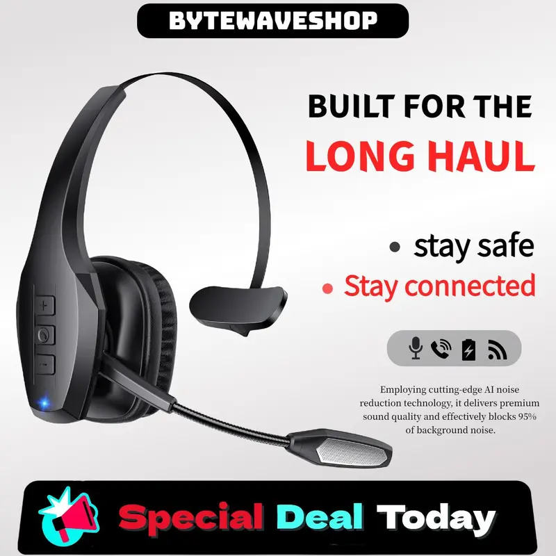 Bytewaveshop High-Quality Over-Ear Trucker Wireless Bluetooth Headphones - Adjustable, 95% Noise Reduced ENC Dual Mic, Mute Button, 55h Music Play, 270° Rotatable Design, Stable Connection, Charging, Multi-Device Compatibility for Truck Drivers