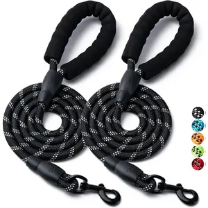 1 Pack Heavy Duty Nylon Dog Walking Leash Leads, Reflective Padded Handle Outdoor No Tangle Leash for Small To Large Dogs, Black Solid Design Durable Woven Rope with 360° Swivel Hook