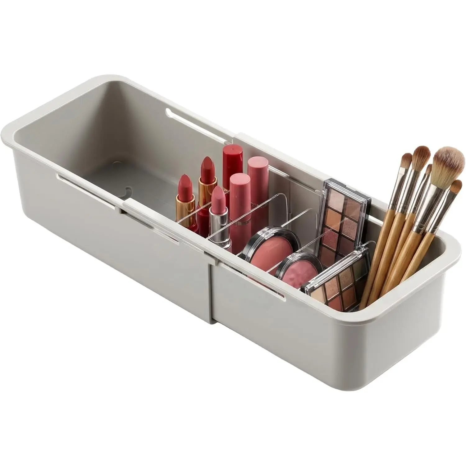 Drawer Organizer- Adjustable Storage Bins with 5 Dividers, Gray Clear Drawer Organizer for Kitchen, Bedroom, and Office, Expandable clear organizer bins for Makeup, Utensils, and Gadgets