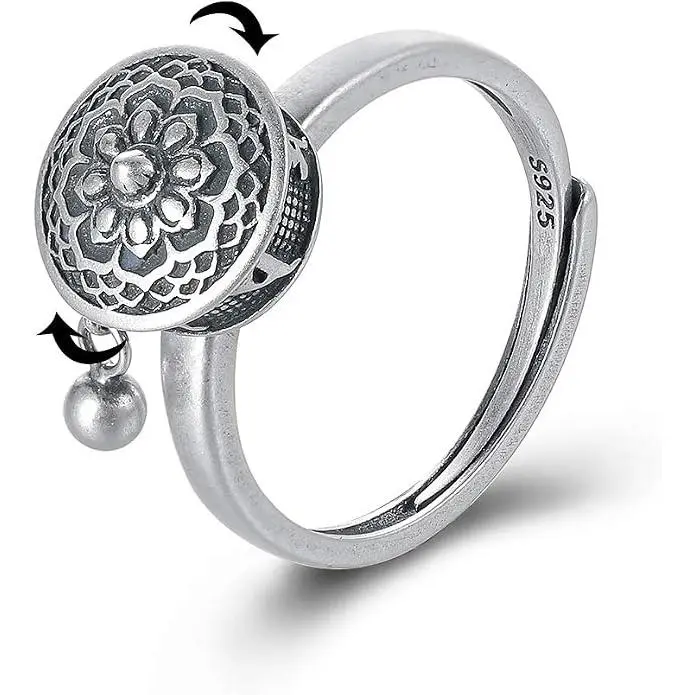 Unisex Buddhist Tibetan Prayer Wheel Ring Good Luck 7 Chakras Ring Lotus Floral Ring Open Adjustable Rotating Rings for Gifts Friends & Family