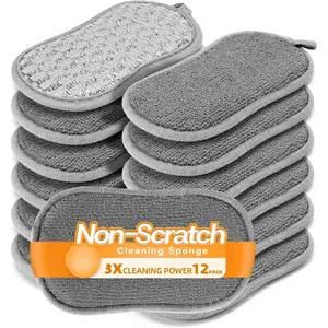 Multi-Purpose Scrub Kitchen Sponges - 12 Pack Dish Sponge, -Sided Non-Scratch Microfiber & Metal ,  Sponges for Dishes, Pots, Glass, Sink, Stovetop & Bathroom (Gray)