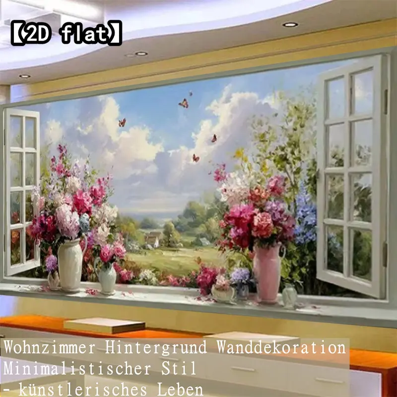 【2D flat】1-piece frameless canvas art of beautiful garden view outside the window - for living room, kitchen, office, dining room - home decoration, office artwork, vivid artwork, durable artwork, interior designer