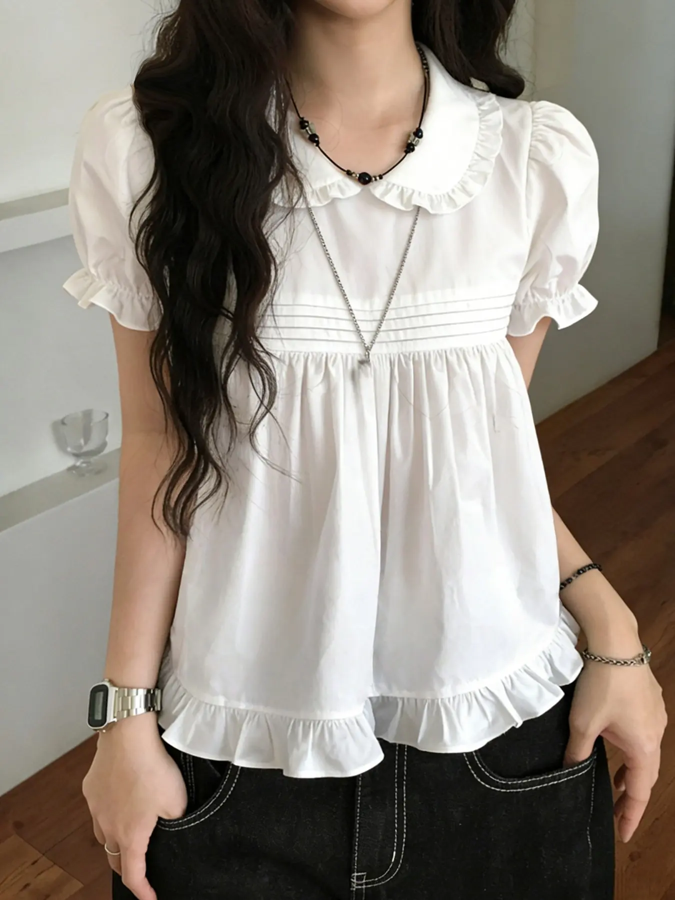 Babydoll Neck Bubble Sleeve T-Shirt, Cute and Trendy Top, Perfect for Casual Wear, Comfortable and Stylish Design, Ideal for Daily
