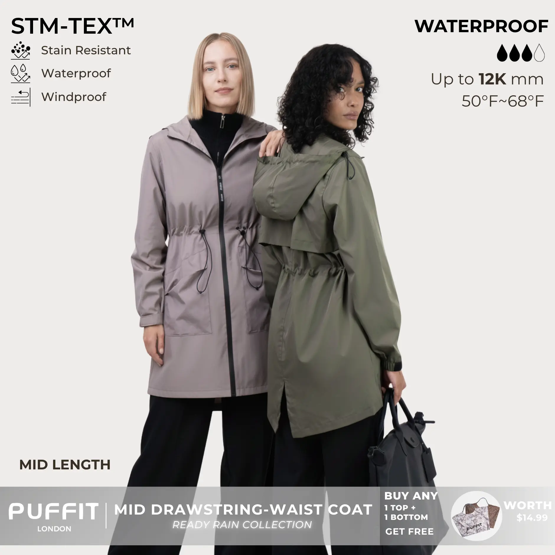PUFFIT STM-TEX Waterproof Outdoor Hiking Mid Long Length Styles Waist Cinching Lightweight Fast Drying Jacket Raincoat Outdoor Lightweight Sports Jacket Shell Jacket,Windbreaker,Dog Walking,School Running,Football Mum,Womenswear,Fall,Winter,2026 Shopping